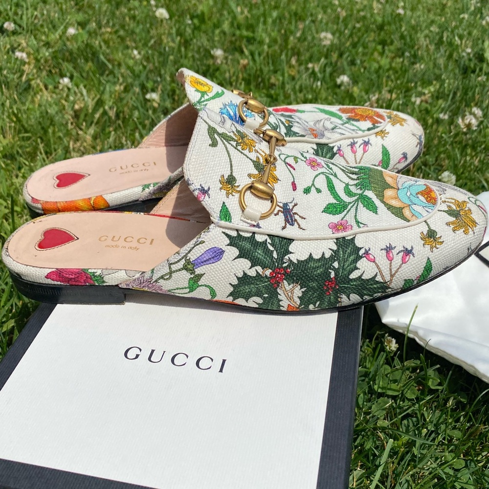 Gucci Princetown White Floral Canvas Loafers sandals EU 38 - Picture 15 of 16